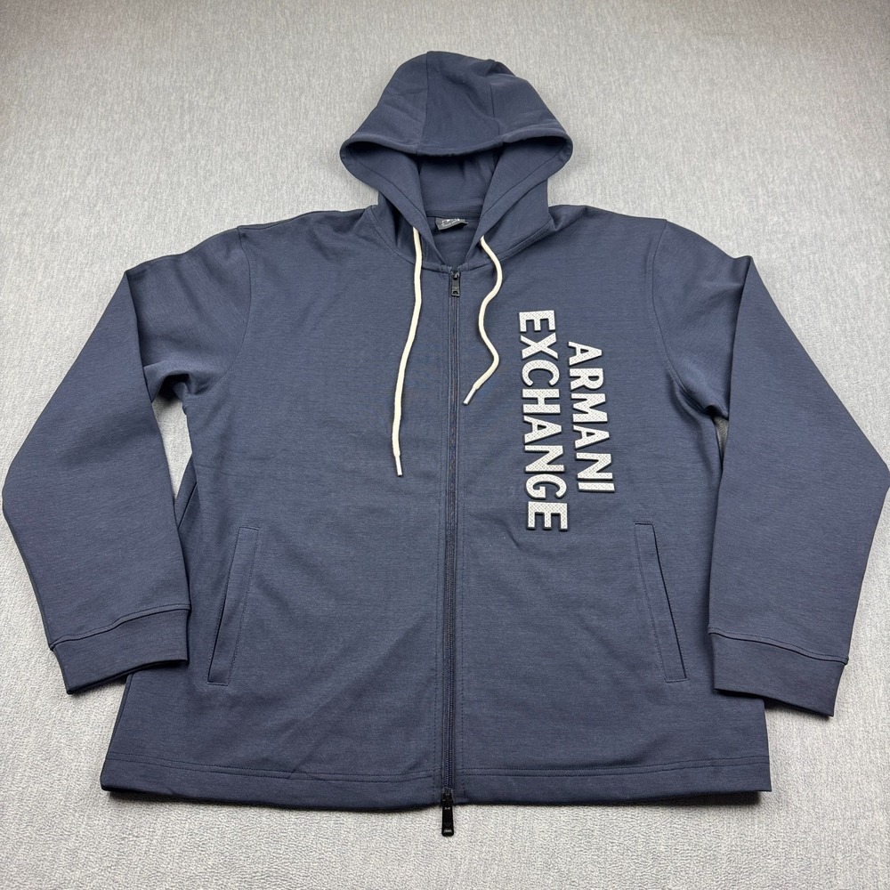 Armani Exchange Hoodie Mens XL Blue Full Zip Embroidered Sweatshirt‎ Outdoor